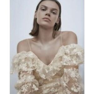 Zara Embroidered Ruffle Off Shoulder Lace Top Size XS - Small Romantic Ivory